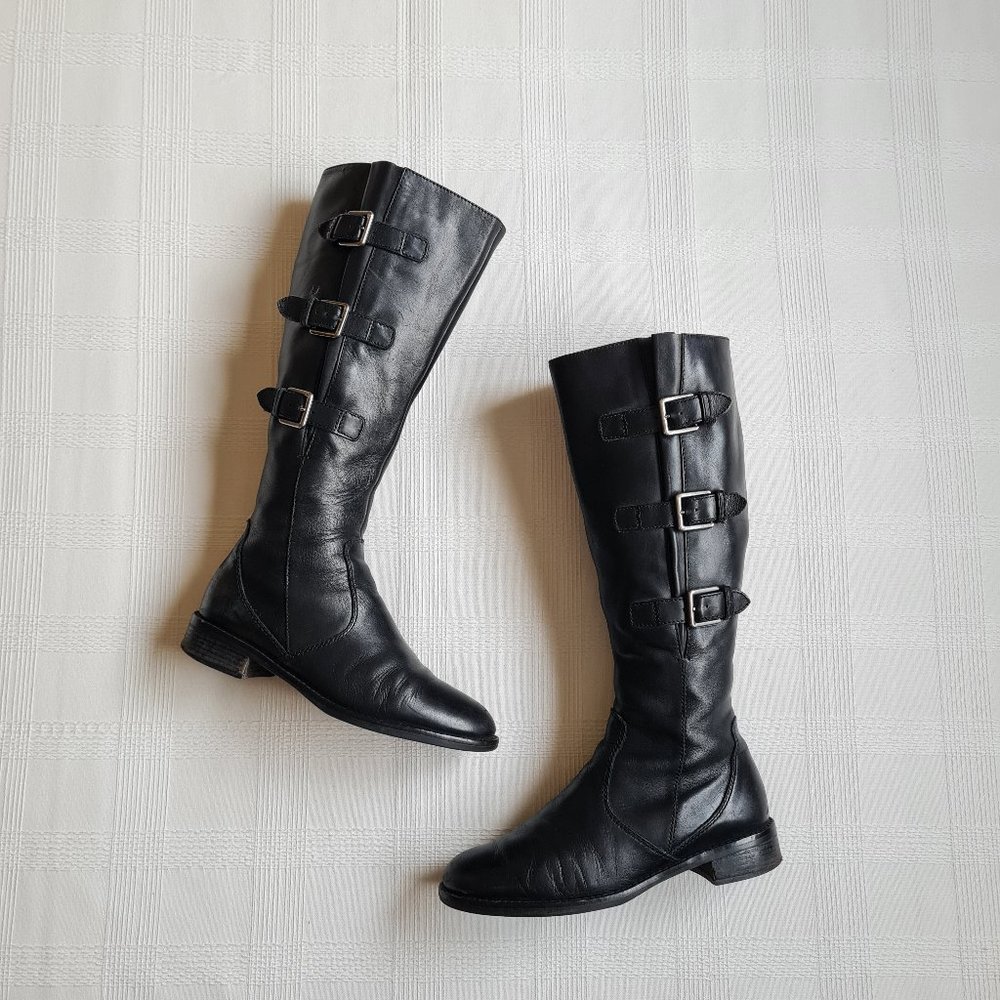 Ecco Hobart Tall Black Leather Riding Buckle Moto Equestrian Boots EU 38